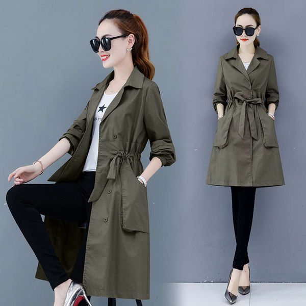

mid length women's windbreaker 2021 spring new korean version slim waist clothes thin coat, Black