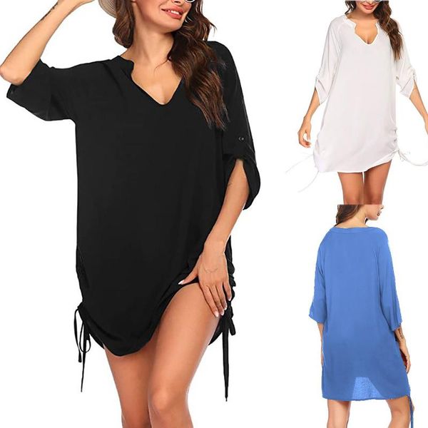 

women's t-shirt casual fashion v-neck solid color loose short-sleeved plus size blusas femininas 54#g, White