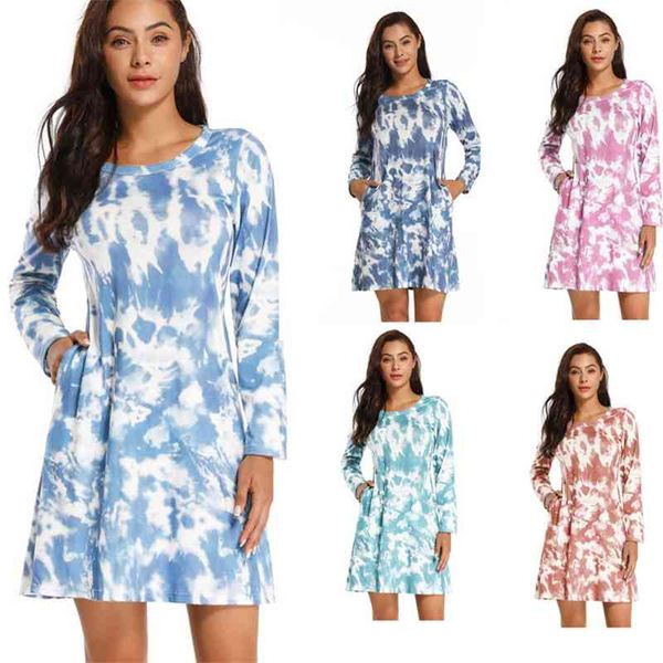 

2020 new women's tie dye printing loose long sleeve dress, Black;gray