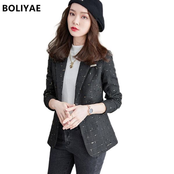 

women's suits & blazers boliyae autumn and winter plaid long sleeve blazer women fashion black slim jackets female casual office coat, White;black