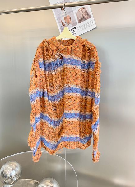 

irregular hole design of striped sweater, White;black