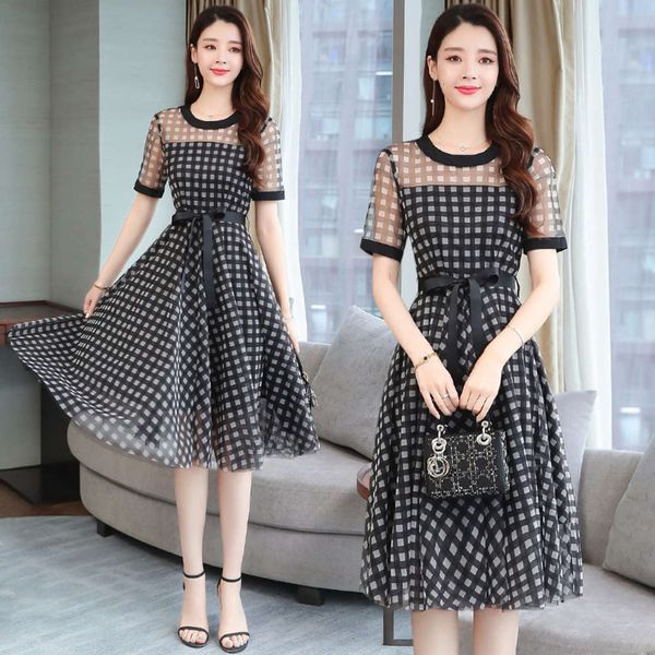 

2021large size women's spring and summer new fat mm belly covering age reducing dress gauze skirt, Black;gray