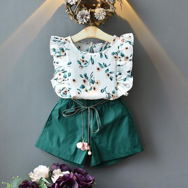 

clothing sets summer clothes suit for girls korean sleeveless frilled floral + loose solid color shorts casual set kids, White