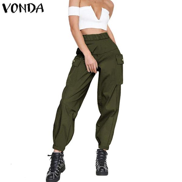 

women's pants & capris big pockets cargo vonda women high waist loose streetwear baggy tactical trouser quality 5xl pantalon, Black;white