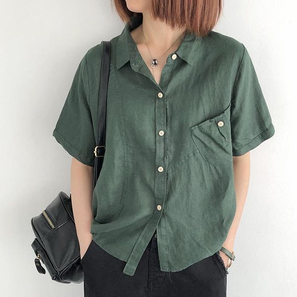 

women's blouses & shirts johnature women vintage linen and button turn-down collar 2021 summer solid color pockets female, White