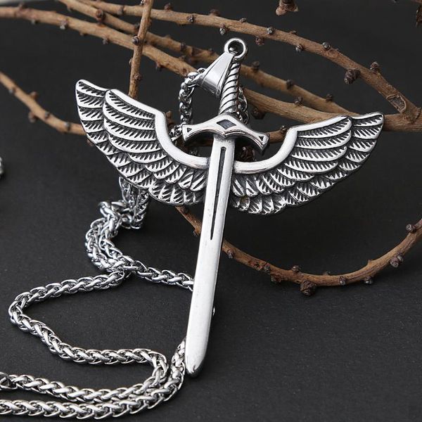 Anhänger Halsketten Vintage Engel Heiliges Schwert Edelstahl Kreuz Halskette Für Männer Modeschmuck Flügel Punk Kette