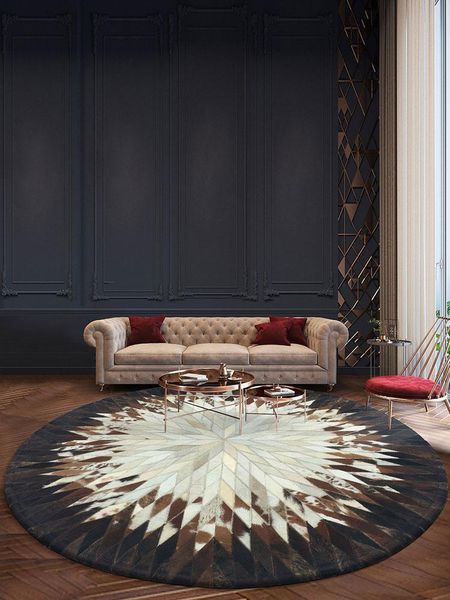 

carpets american style luxury natural black and white round cowhide patchwork rug , handmade cow skin fur chequer carpet for living room