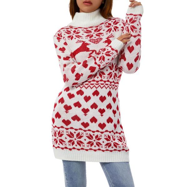 

women's sweaters christmas sweater dress long sleeve mock neck elk heart print autumn winter warm knit pullover, White;black