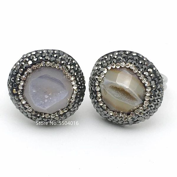 

cluster rings natural brazilian electroplated silver color edged slice open agates drusy druzy mens rhinestone engagement ring set gifts, Golden;silver