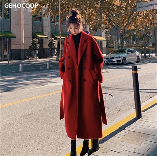 

women's wool & blends gehocoop women elegant long coat with belt sleeve pocket outerwear ladies overcoat autumn winter windbreaker, Black