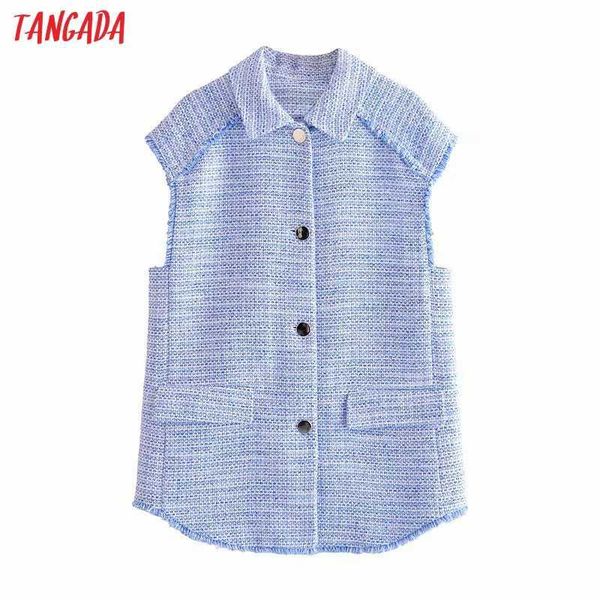 

tangada women fashion blue tweed oversized vest tassel sleeveless female waistcoat chic 3h502 210609, Black;white