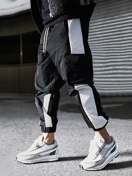 

men contrast side seam flap pocket drawstring waist cargo pants x60q#, Black