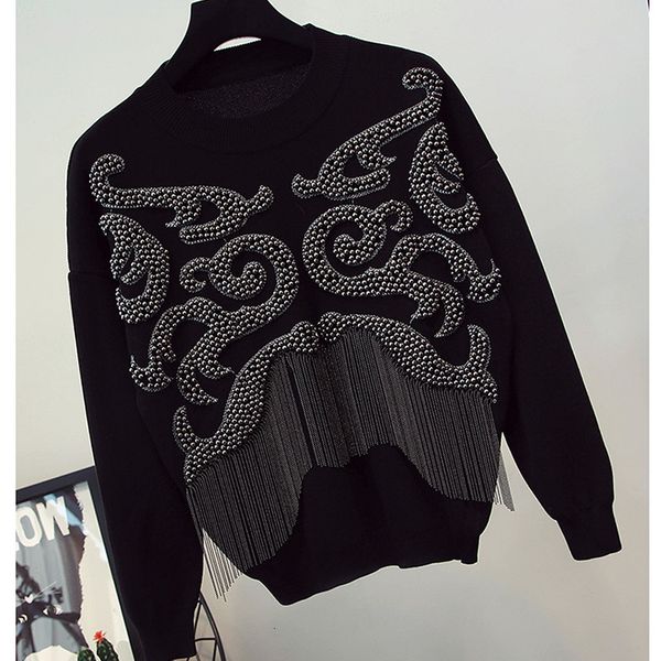 

black gray casual knitted set women tracksuit spring handwork beading tassel sweater long pants outfits female loose knit suit r9o8, Blue