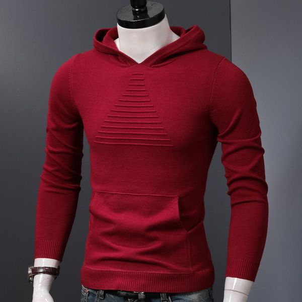 

hooded pullover men fashion pockets knitted sweater winter casual red geometric pattern slim fit jersey, White;black