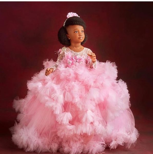 

luxurious pink flower girl dresses sheer neck feather little girl wedding dresses communion pageant dresses gowns zj737, White;blue