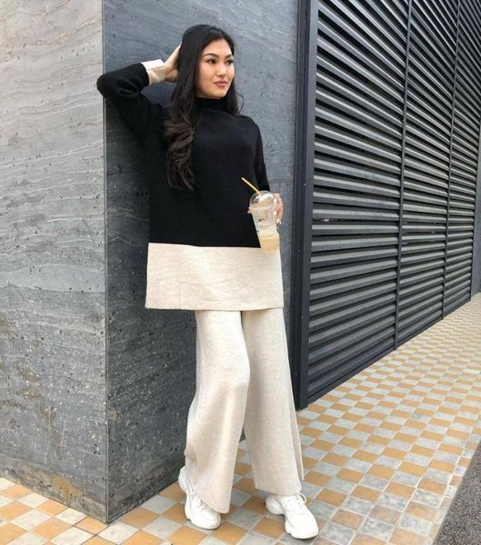 

women's two piece pants sheer neckline, wide bell-bottomed pants, double color, sweater suit trousers dress soft texture style and wome, White