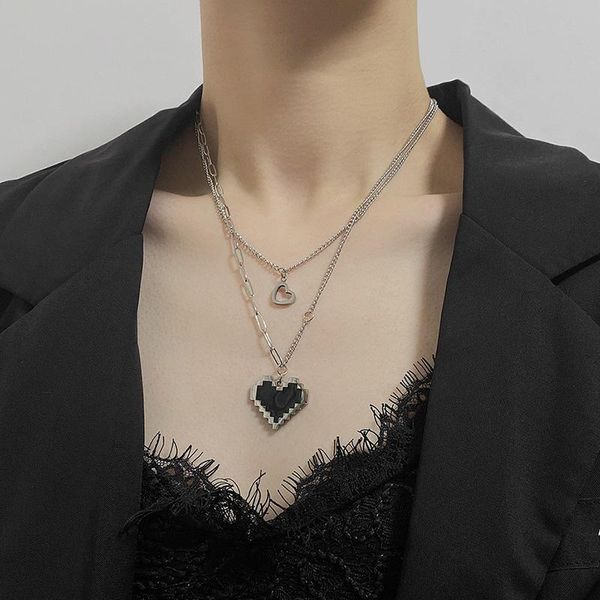 

chains black mosaic love pixel overlay necklace hip hop pendant niche clavicle chain jewelry accessories for women, Silver