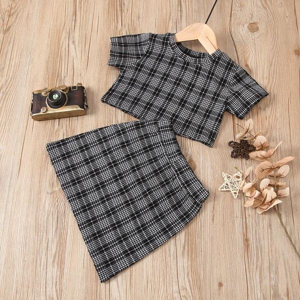 

clothing sets 1-6y toddler kids baby girl short sleeve plaid shirt a-line skirt 2pcs outfits summer clothes set, White