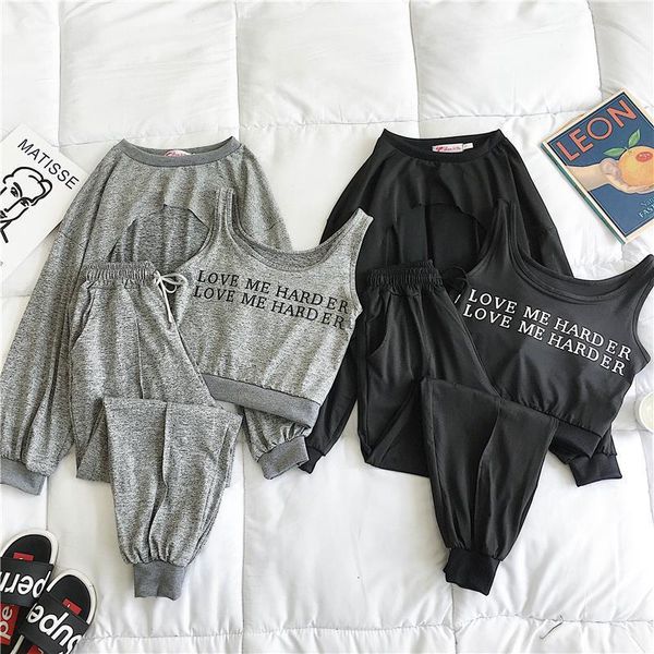 

plus size 3 piece set and pants vintage streetwear letter print tank long sleeve solid pant harajuku casual sets, Gray