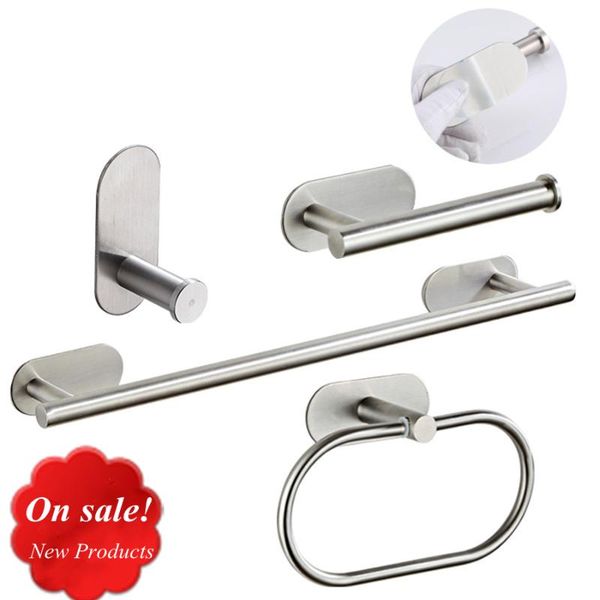bath accessory set sus 304 hardware self sticker bathroom kitchen towel bar paper holder ring coat hook accessories without drilling