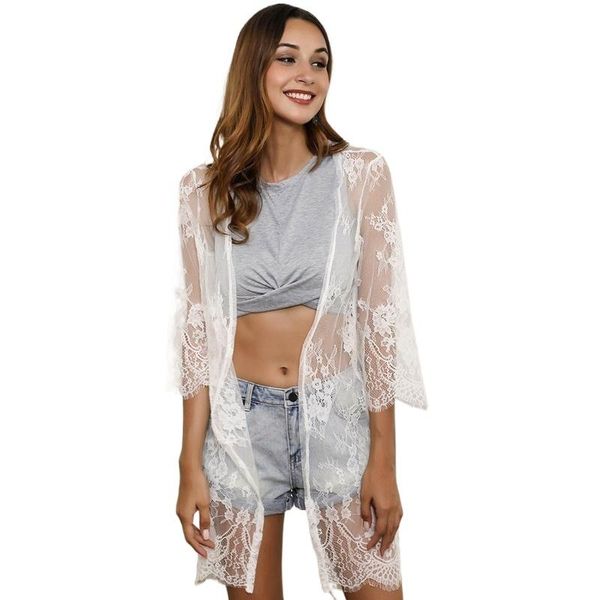 

women's swimwear pareo beach cover up swimsuit body wrap kimono women summer bikini long cover-ups lace crochet floral beachwear robe, White;black