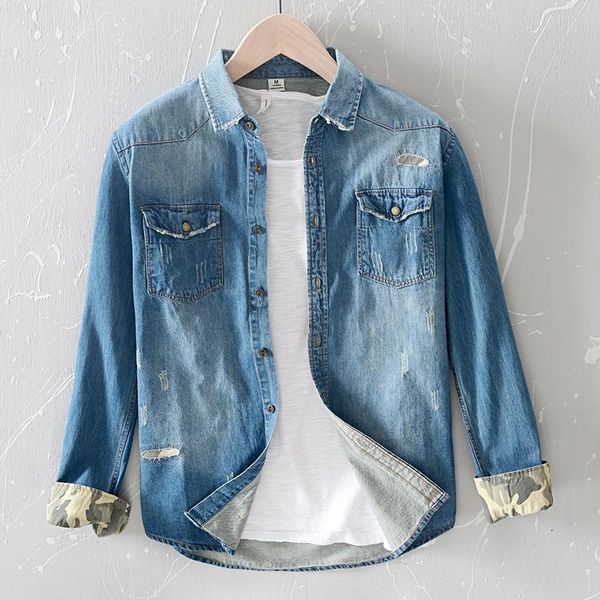

men's casual shirts man ripped distressed camouflage patch denim shirt 100% cotton spring autumn retro vintage pocket jean cowboy, White;black