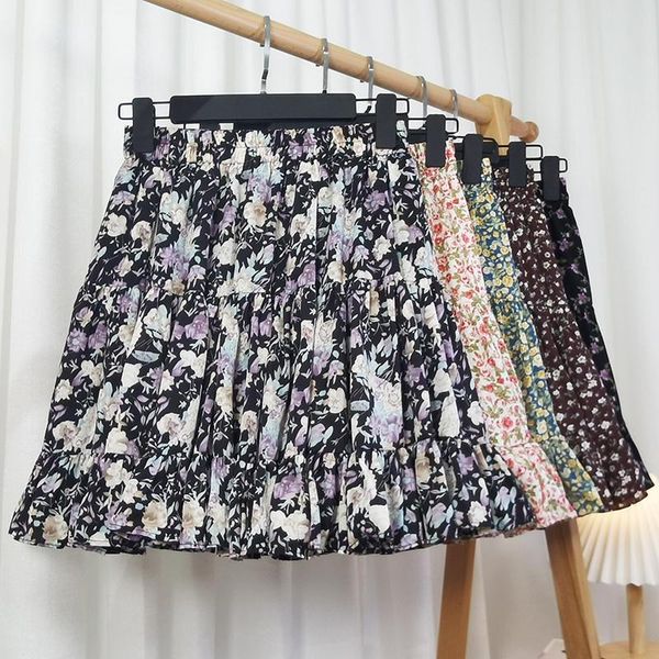 

skirts summer mini female casual print high waist chiffon womens loose vintage streetwear a-line pleated skirt q3989, Black