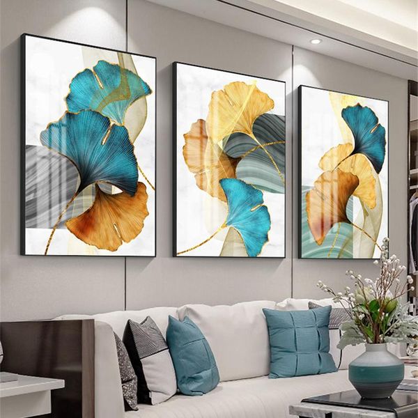 

blue green yellow gold plant leaf abstract nordic canvas print wall art painting modern picture living room decoration