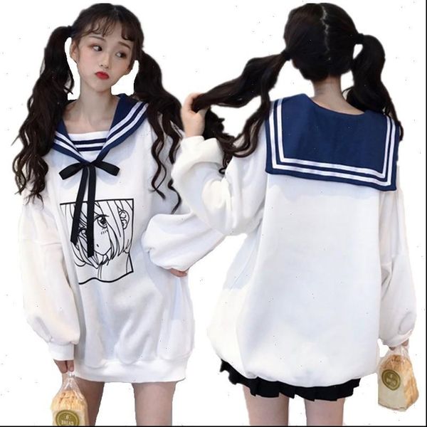 

kawaii sweet girls winter hoodies comic printed sailor collar oversized sweatshirt soft e sisters cute maxi long loose, Black