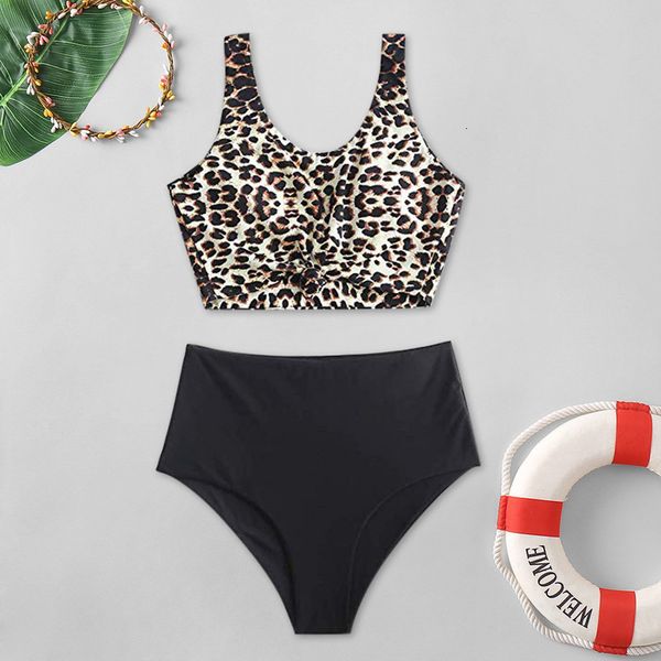 

women bikini set padded swimwear bathing beachwear women's knotted leopard print split swimsuit #50, White;black