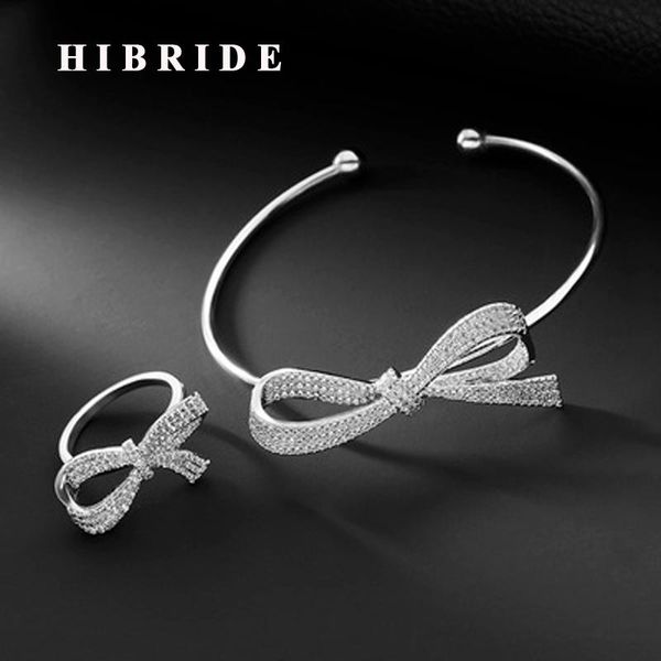

earrings & necklace hibride luxury micro cubic zirconia pave bowknot shape open &bracelets for women adjustable ring jewelry set, Silver