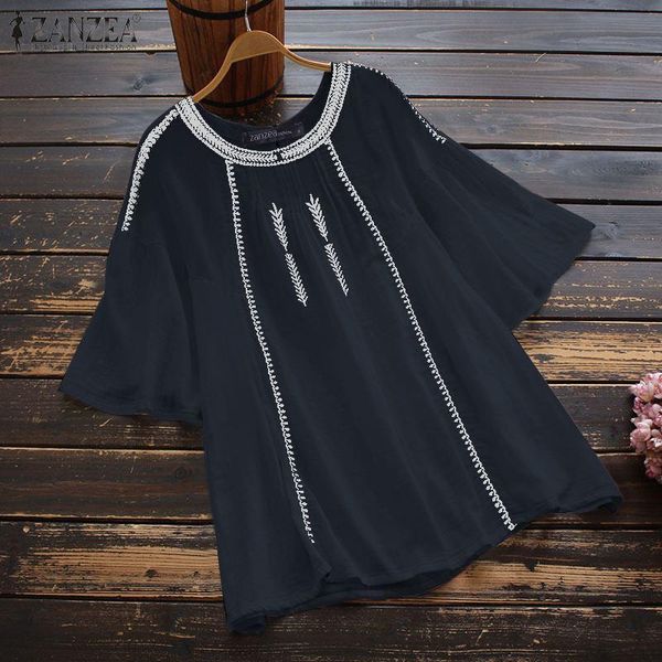 

women's blouses & shirts women summer floral embroidery zanzea casual vintage o neck short sleeve blusa female chemise oversized mujer, White