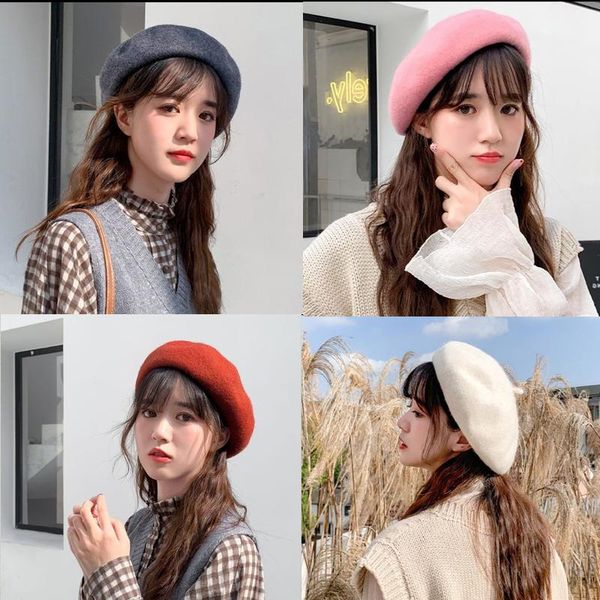 

berets girl solid color beret french artist warm wool winter beanie hat retro vintage plain elegant ladies, Blue;gray
