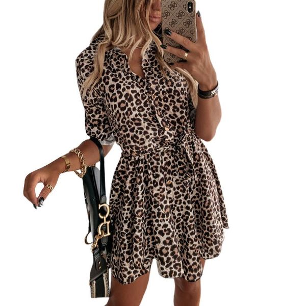 

casual dresses women leopard print shirt mini dress long sleeve high waist button female fashion party clue short 2021, Black;gray
