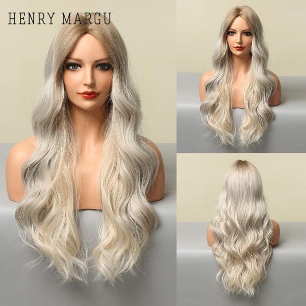 

synthetic wigs henry margu long wavy wig for women ombre brown platinum blonde grey mixed middle part heat resistant cosplay hair, Black