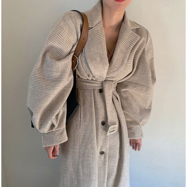 

2021 spring woolen coat women lantern sleeve single breasted plaszcze damskie plus size manteau femme hiver chic overcoats, Black;brown