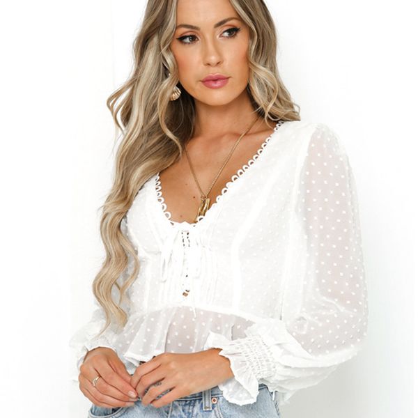 

new long sleeve crop deep v neck chiffon polka dot jacquard see through blouse shirt women white 2021 summer blusas 04b8, Black;brown