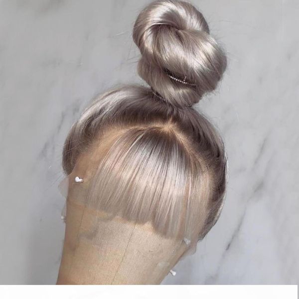 

lace front human hair wigs brazilian straight remy hair bleached knots 150% density ombre grey transparent lace color for women, Black;brown