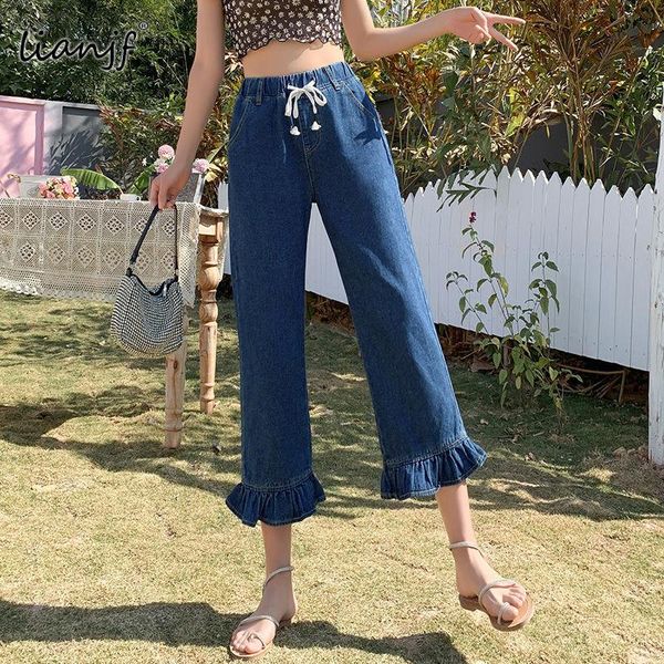

women's pants & capris vintage loose tight waist plus size women jeans high straight elastic ankle-length denim fashion wide leg female, Black;white