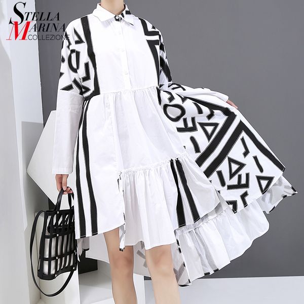 

new woman casual streetwear white shirt dress long sleeve geometrical patterns printed plus size lady midi dress robe style 6509 210302, Black;gray