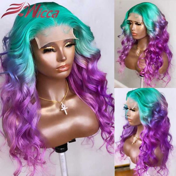 

lace wigs 613 highlight green & purple color body wave pre plucked transparent front human hair for women remy 180 density, Black;brown