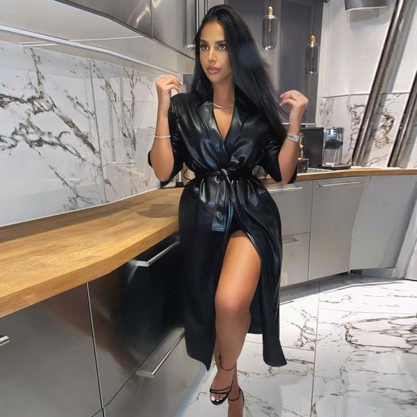 

women's trench coats autumn winter women long solid color jacket sleeve lapel collar open-front pu leather coat with belt, Tan;black