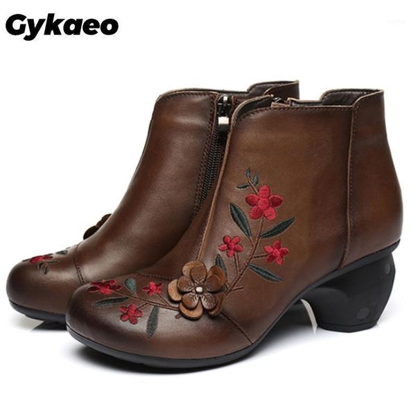 

boots gykaeo winter cow leather ankle women shoes genuine soft flower comfortable warm spare heels1, Black