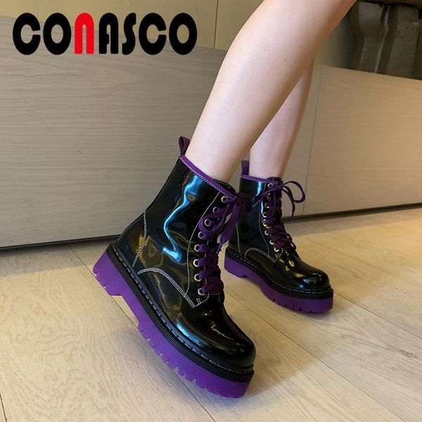 

boots conasco 2021 women ankle genuine leather shoes woman autumn winter casual lace-up platforms, Black