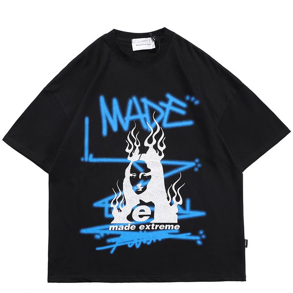 

new shirt men hip hop flame mona lisa printed tees harajuku streetwear tshirt 2021 100% cotton loose male t shirts y9hm, White