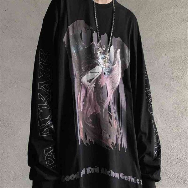 

demon goddess dark high street retro abstinence ins mourning couple long sleeve sweatshirt original night style loose album top, Black