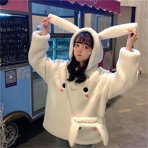 

cute bunny warm hoodies women long sleeve sweet kawaii rabbit bag hooded female autumn winter loose casual sweatshirt s-3xl 201102, Black