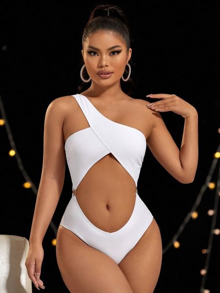 

cut out one shoulder one piece swimsuit m57w#, White;black