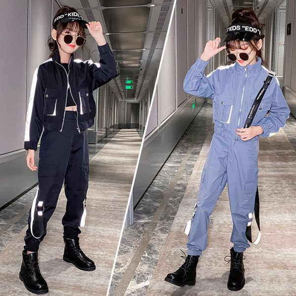 

2021 new children teenager clothes pair girls autumn striped reflect pants jacket suit train girl's practice from school legal set 10 1, White