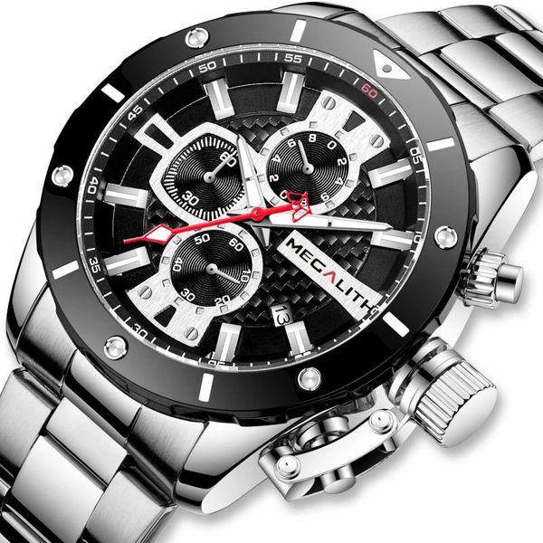 

wristwatches wholesale price megalith fashion brand mens watches sport chronograph waterproof analog quartz watch stainless silver clock 822, Slivery;brown